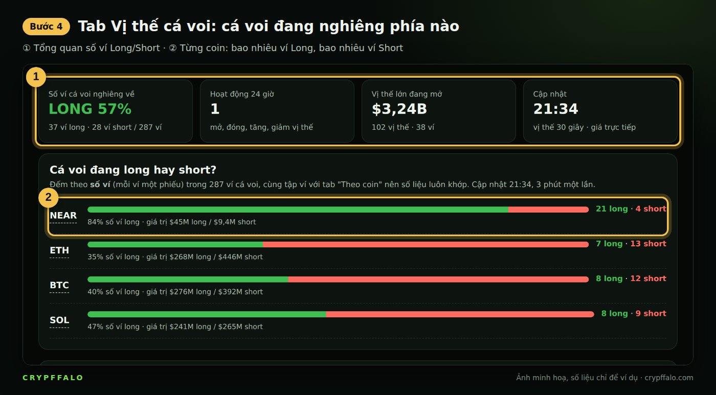 Bước 4: tỷ lệ ví cá voi Long/Short theo từng coin
