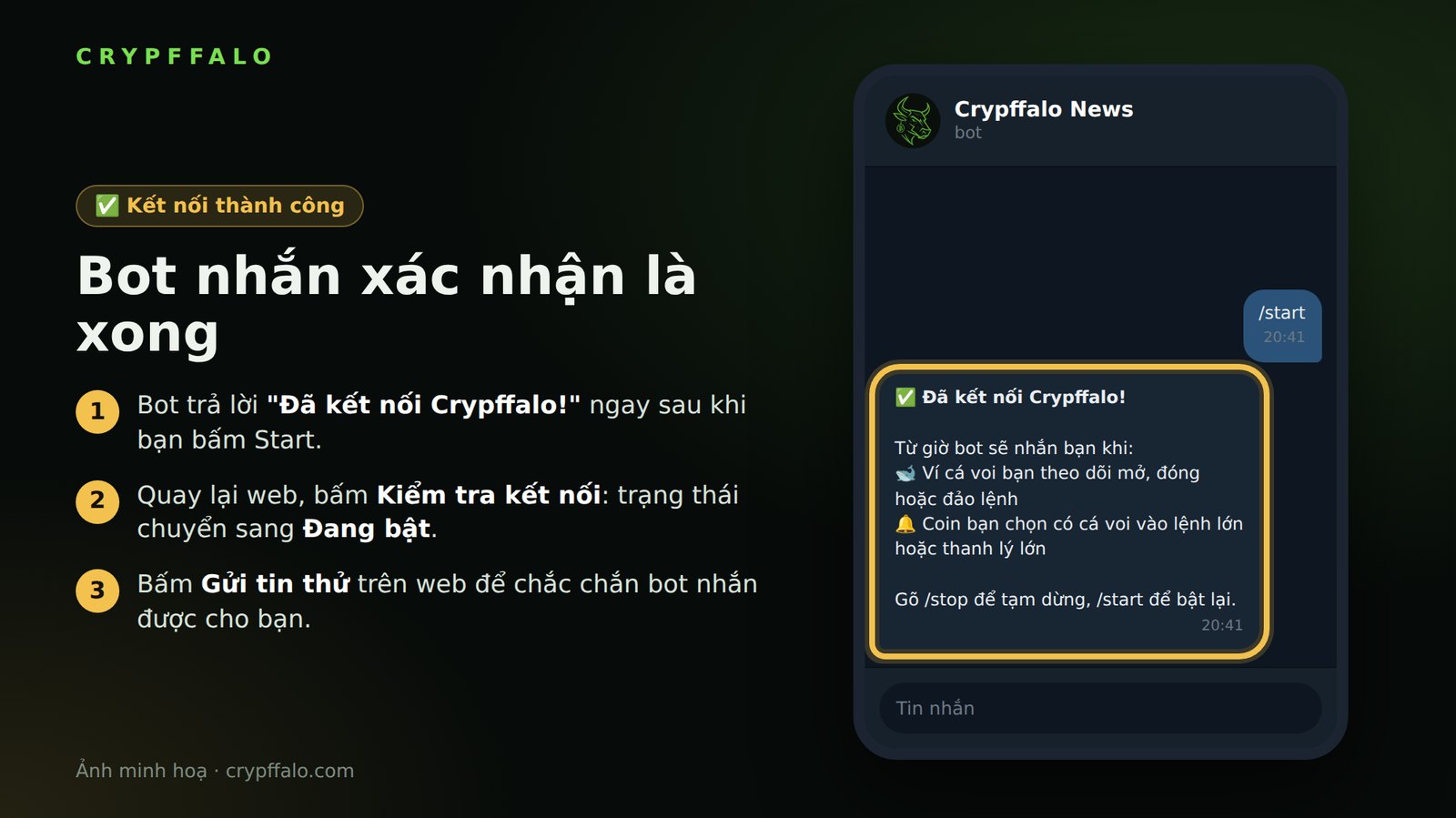 Bước 3: bot nhắn Đã kết nối Crypffalo