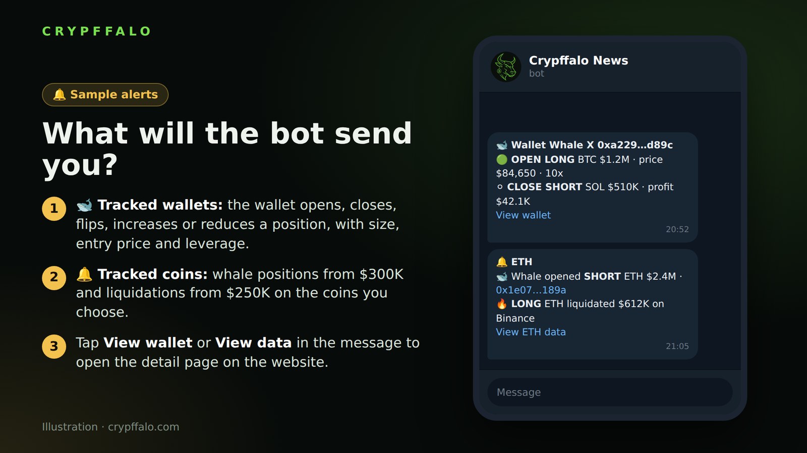 Sample bot messages when a whale wallet opens a position and when a coin has a big move