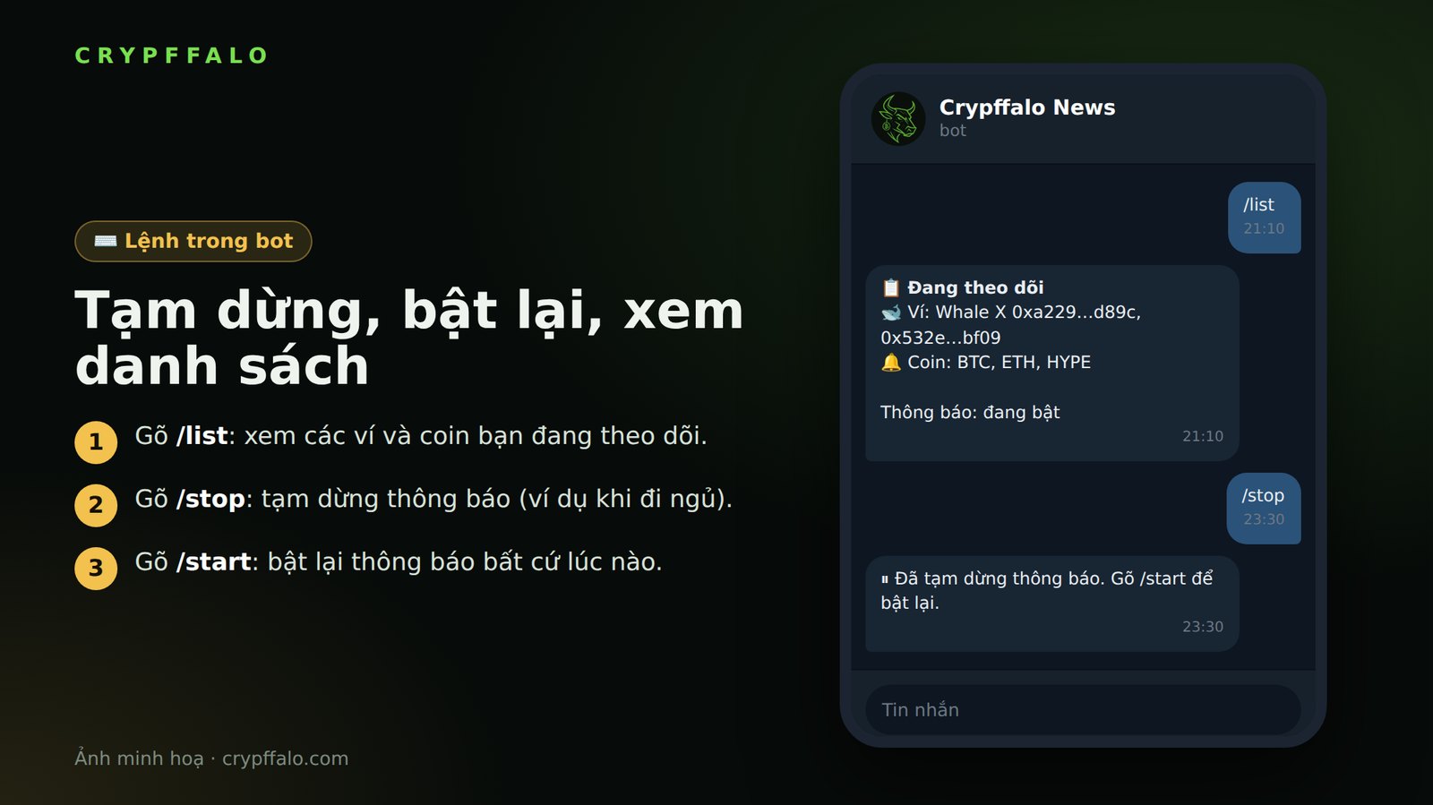 Gõ /list, /stop, /start trong bot
