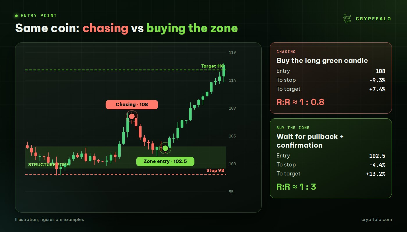 Same coin: chasing gives about 1:0.8 risk/reward, buying the zone about 1:3
