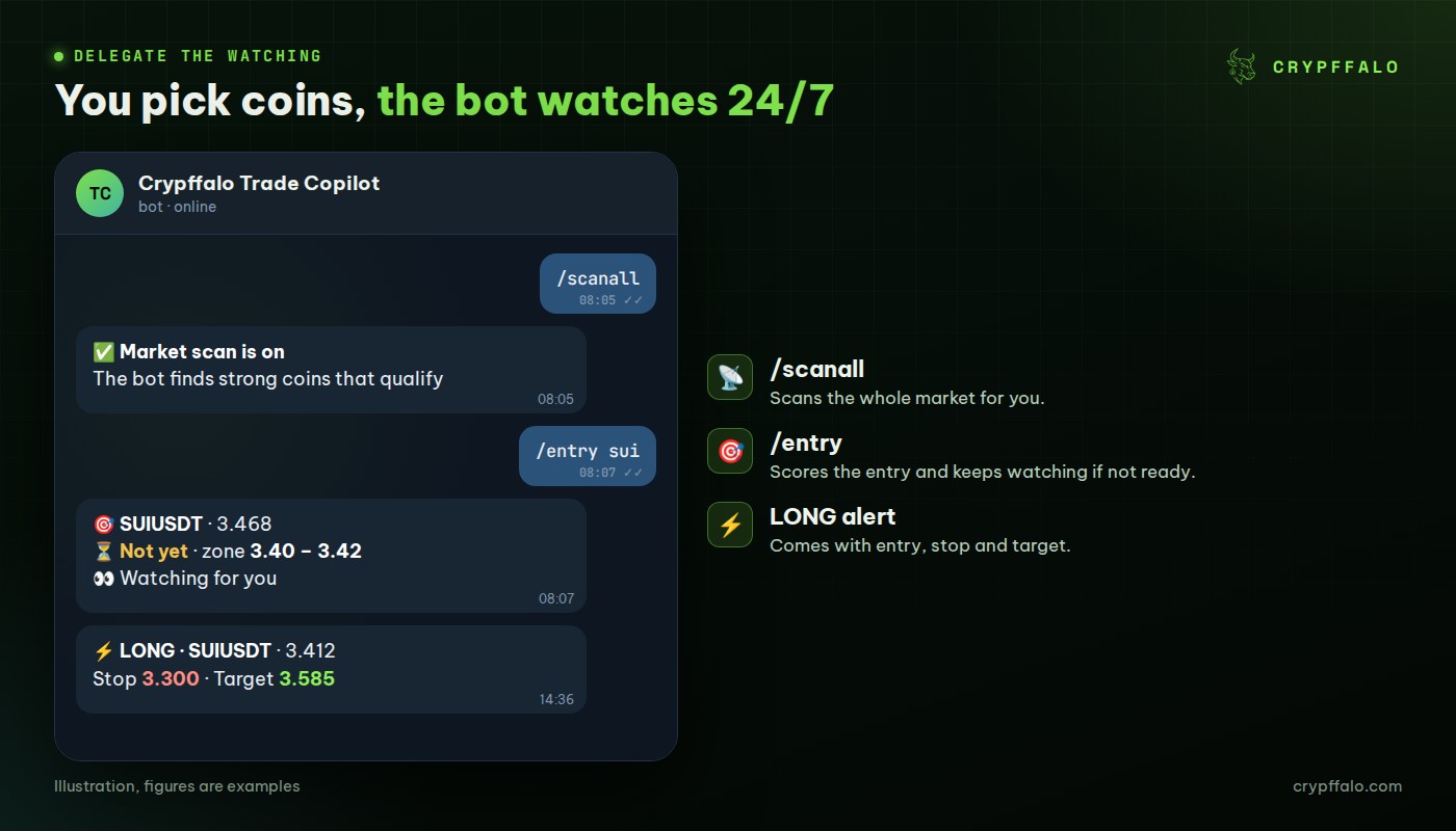 Turn on /scanall and /entry so the bot watches and sends a LONG alert when ready